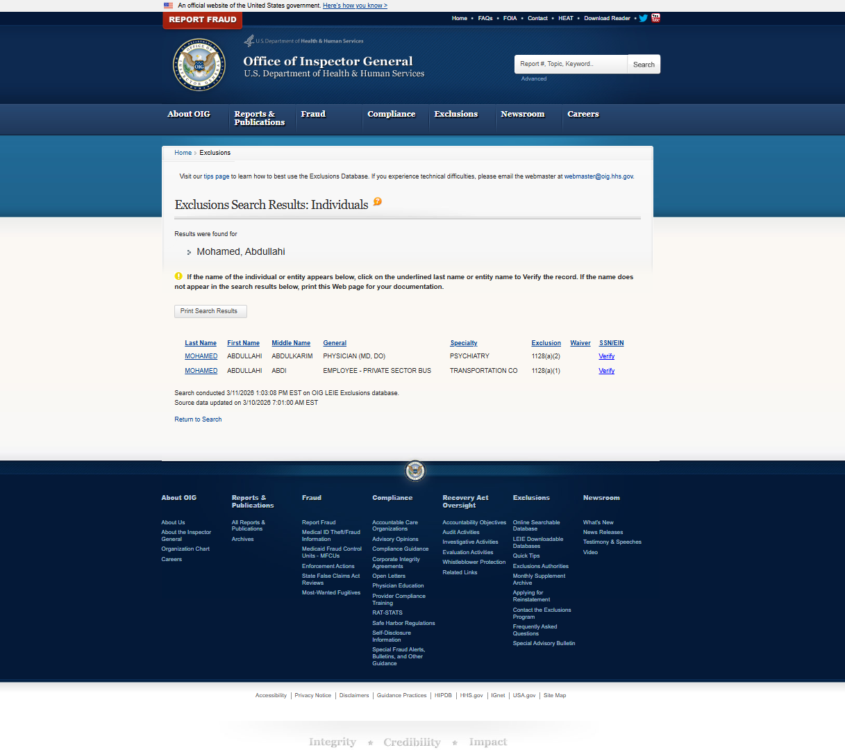 Abdullahi Mohamed, OIG, false positive as the date of birth doesn't match