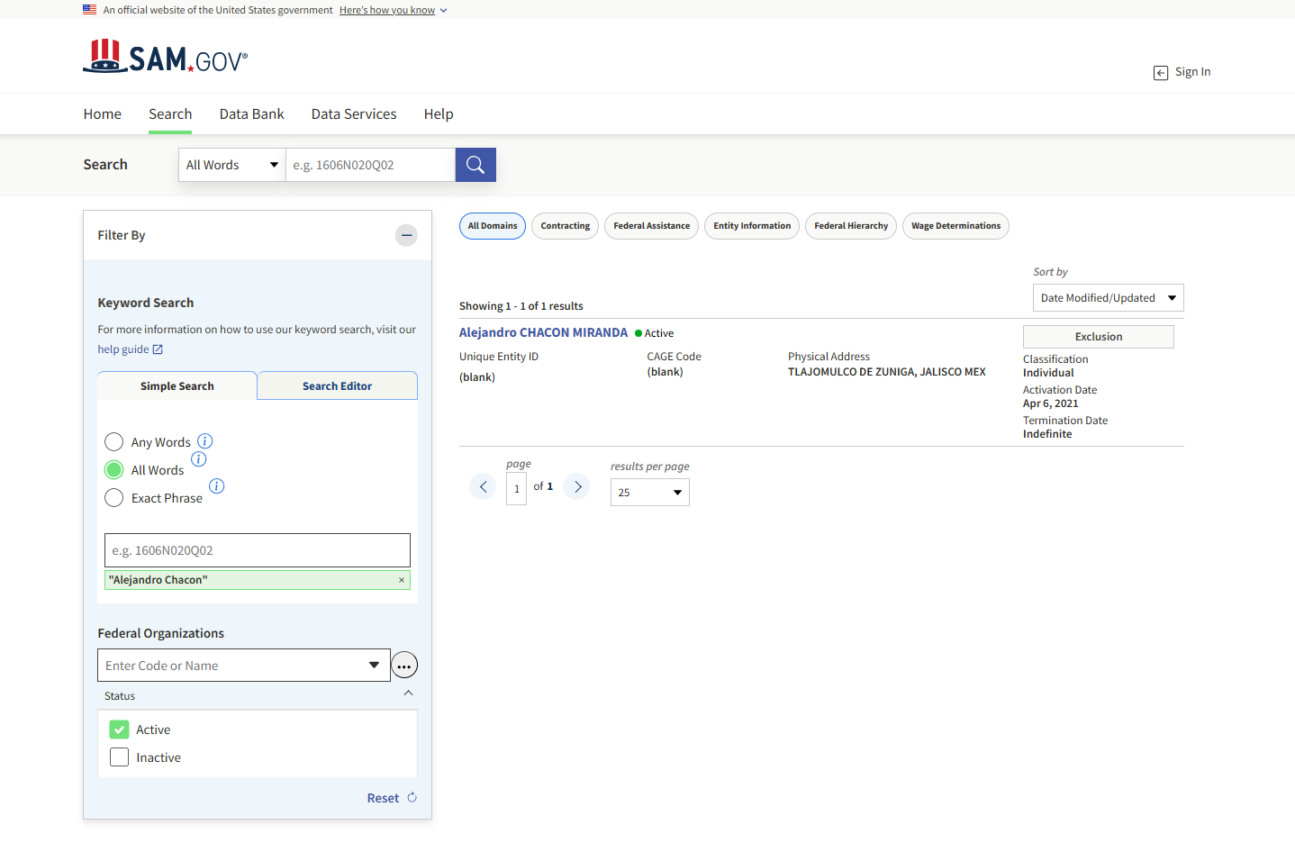 Alejandro Chacon, SAM, false positive, as the full name doesn't match
