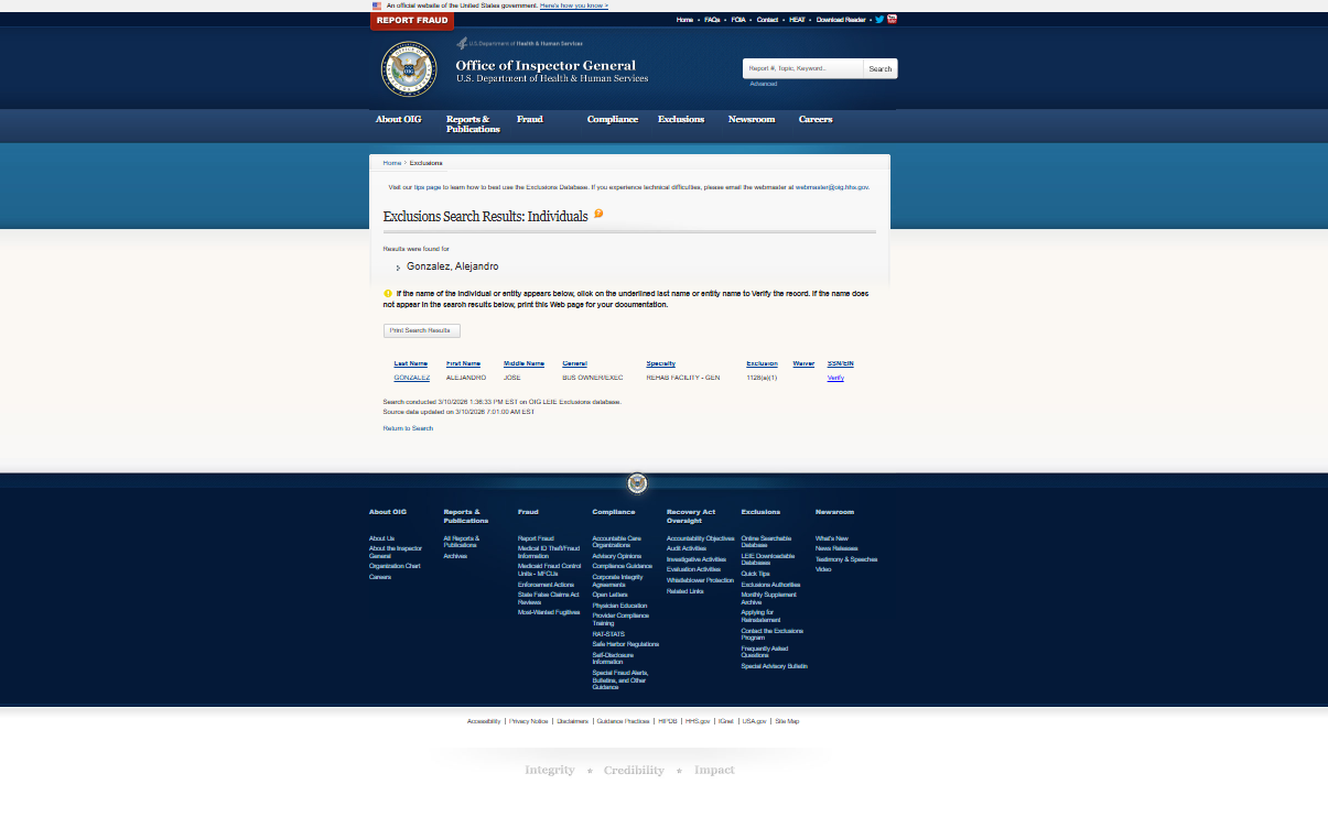 Alejandro Gonzalez, OIG, false positive as the full name doesn't match