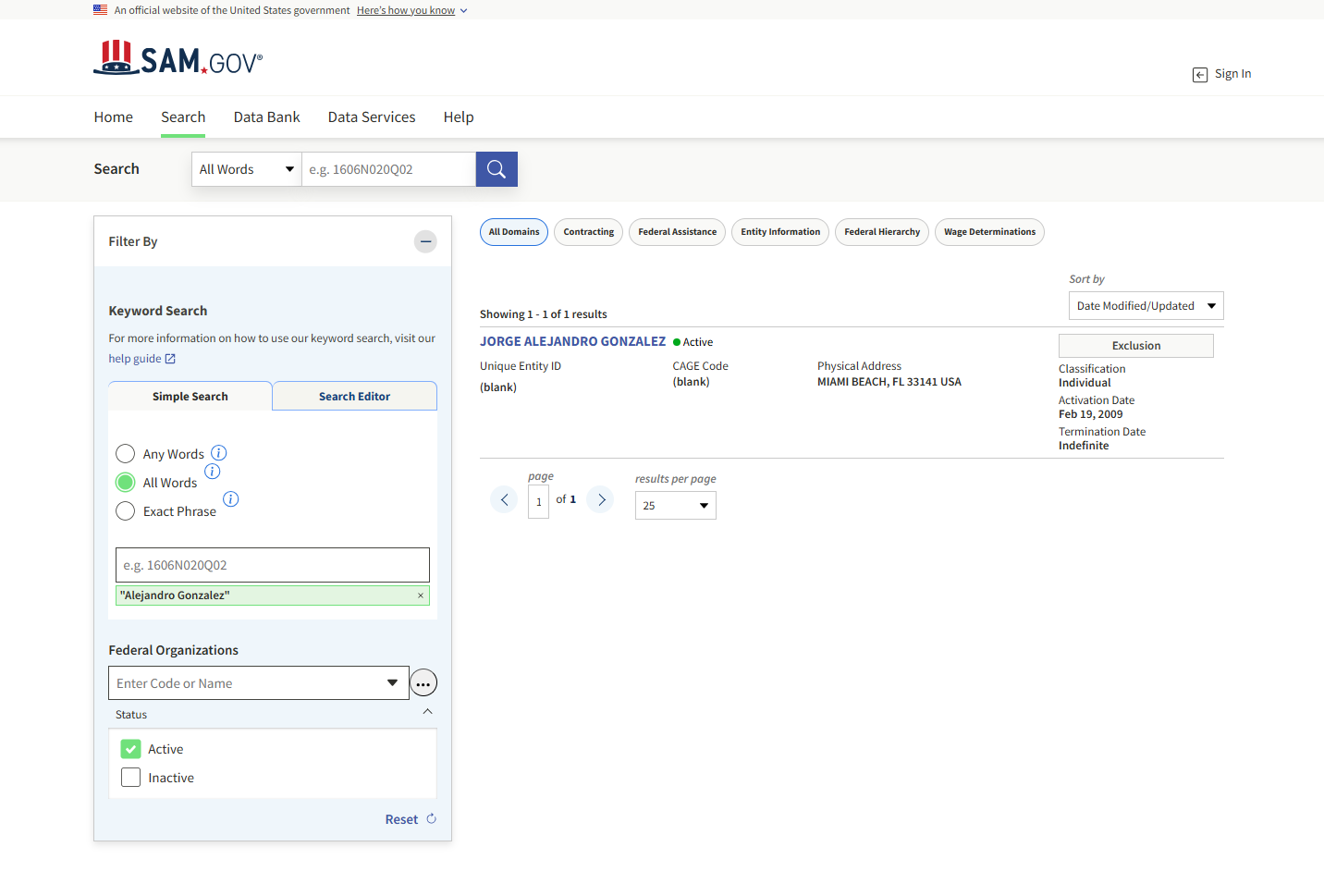 Alejandro Gonzalez, SAM, false positive as the full name doesn't match