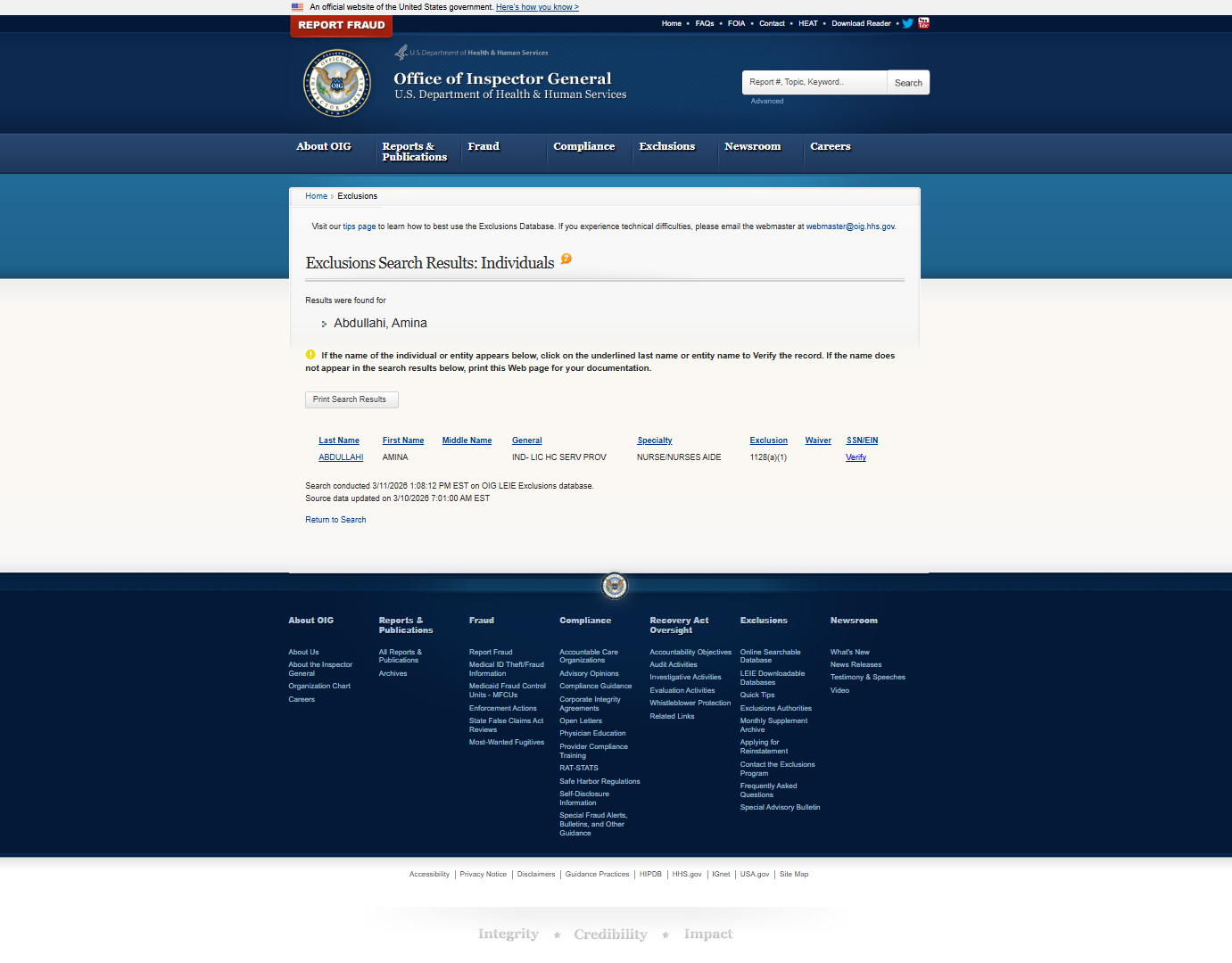 Amina Abdullahi, OIG, false positive as the date of birth doesn't match