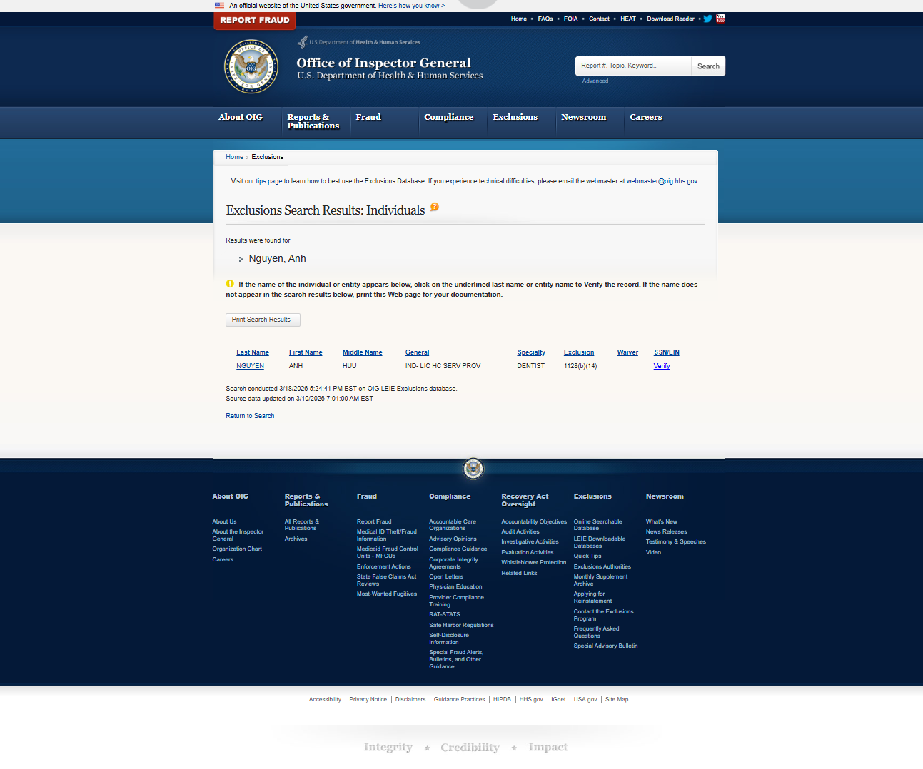 Anh Nguyen, OIG, false positive as the date of birth doesn't match
