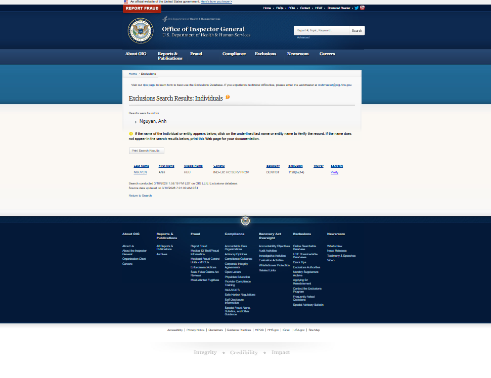 Anh Nguyen, OIG, false positive as the full name doesn't match