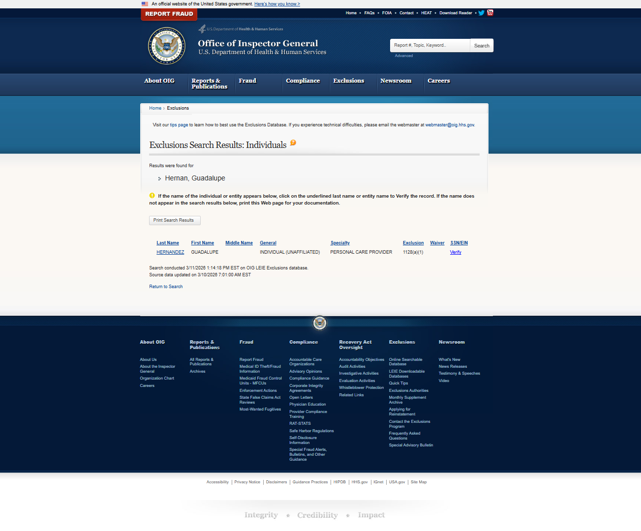 Guadalupe Hernan, OIG, false positive as the date of birth doesn't match