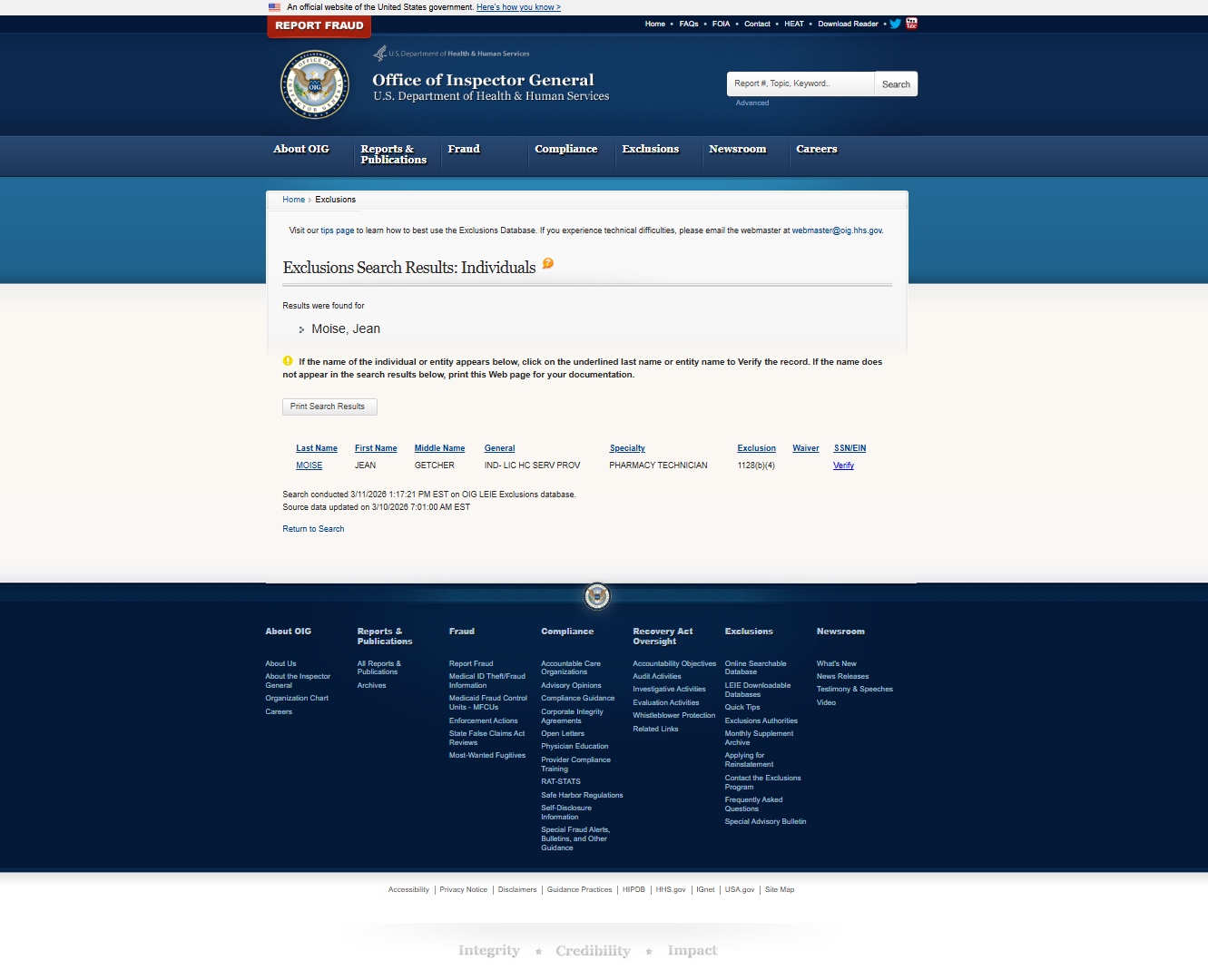 Jean Moise, OIG, false positive as the date of birth doesn't match