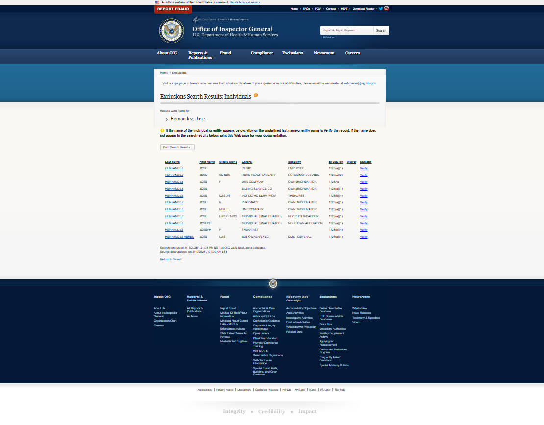 Jose Hernandez OIG, false positive as the date of birth doesn't match
