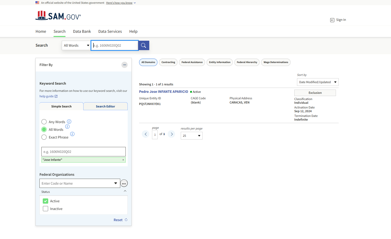 Jose Infante, SAM, false positive, as the full name doesn't match
