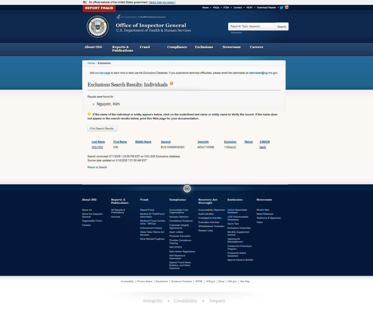 Kim Nguyen, OIG, false positive as the date of birth doesn't match