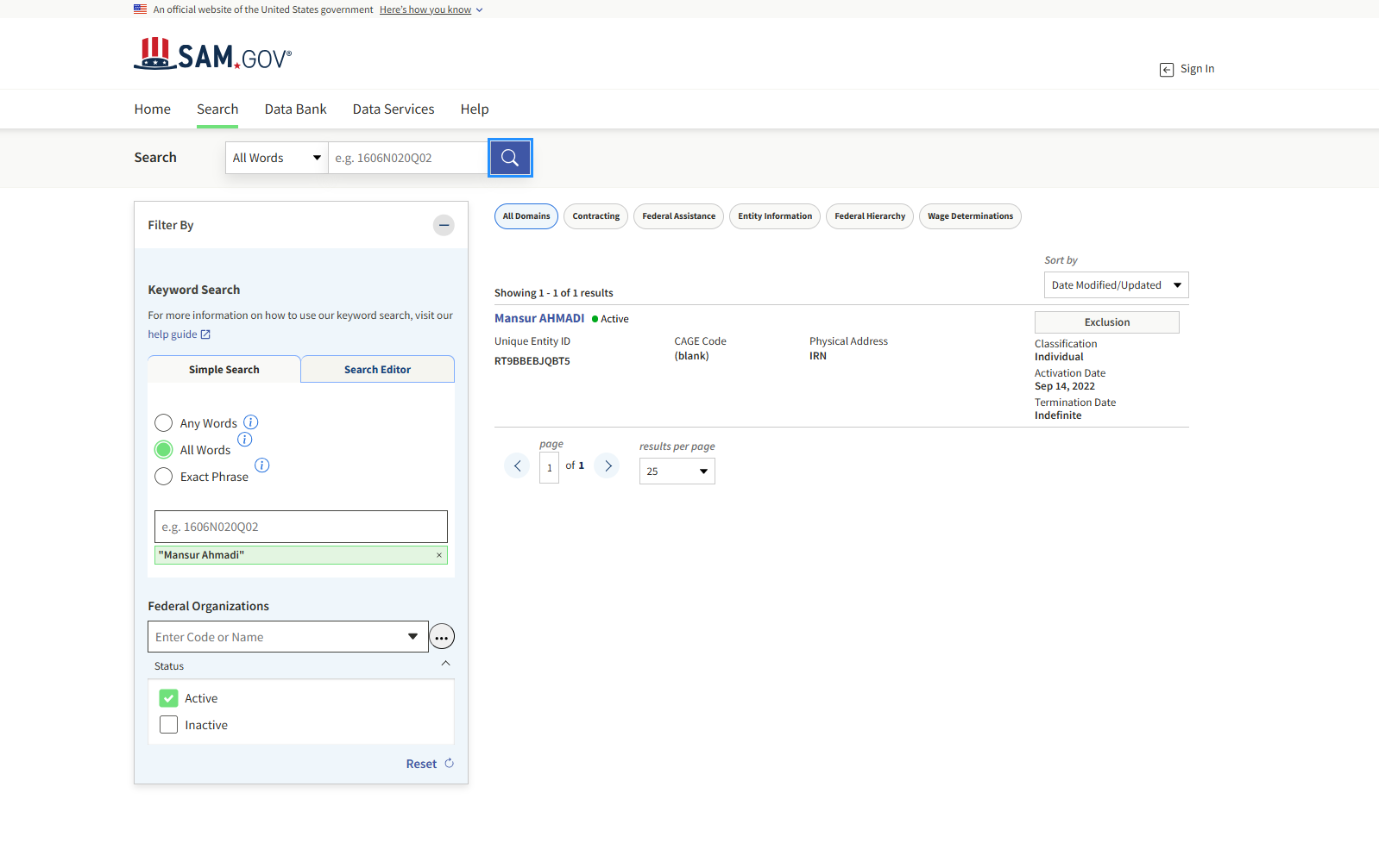 Mansur Ahmadi, SAM, false positive, as the full name doesn't match