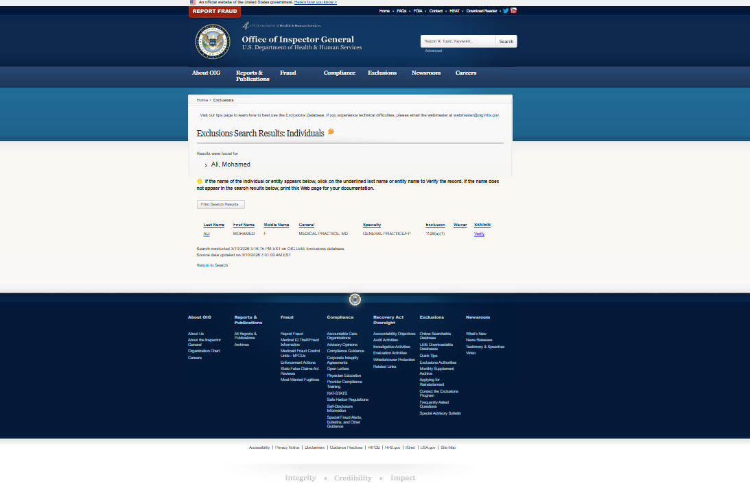 Mohamed Ali, OIG, false positive as the date of birth doesn't match
