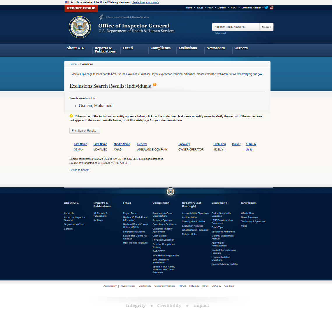 Mohamed Osman, OIG, false positive as the date of birth doesn't match