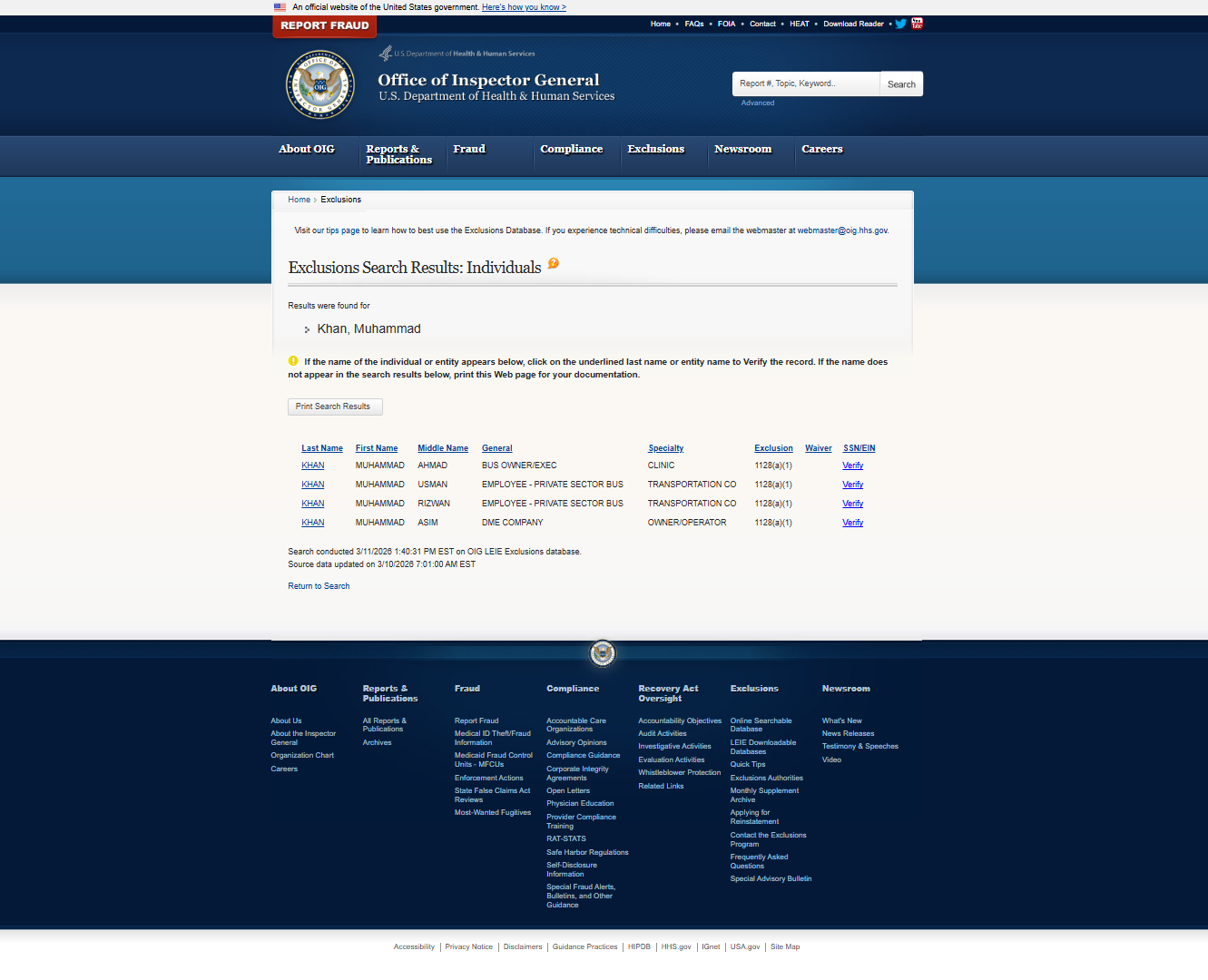Muhammad Khan, OIG, false positive as the date of birth doesn't match